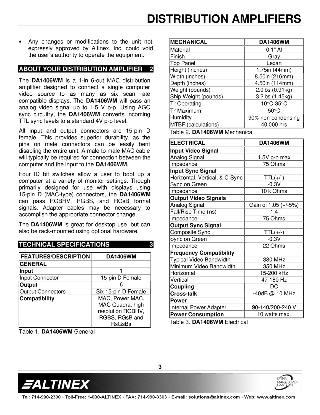 Altinex DA1406WM manual About Your Distribution Amplifier, Technical Specifications 