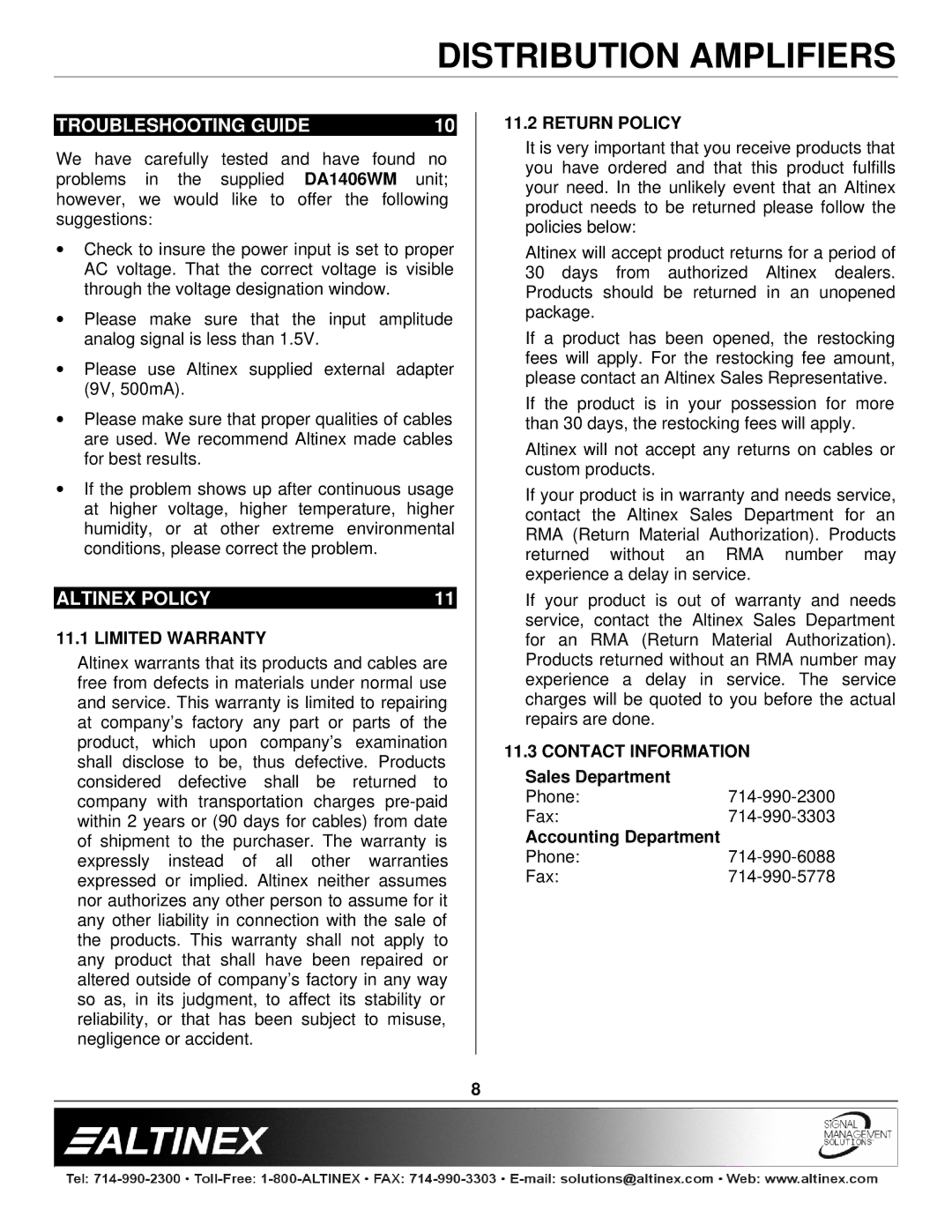 Altinex DA1406WM manual Troubleshooting Guide, Altinex Policy, Limited Warranty, Return Policy, Contact Information 