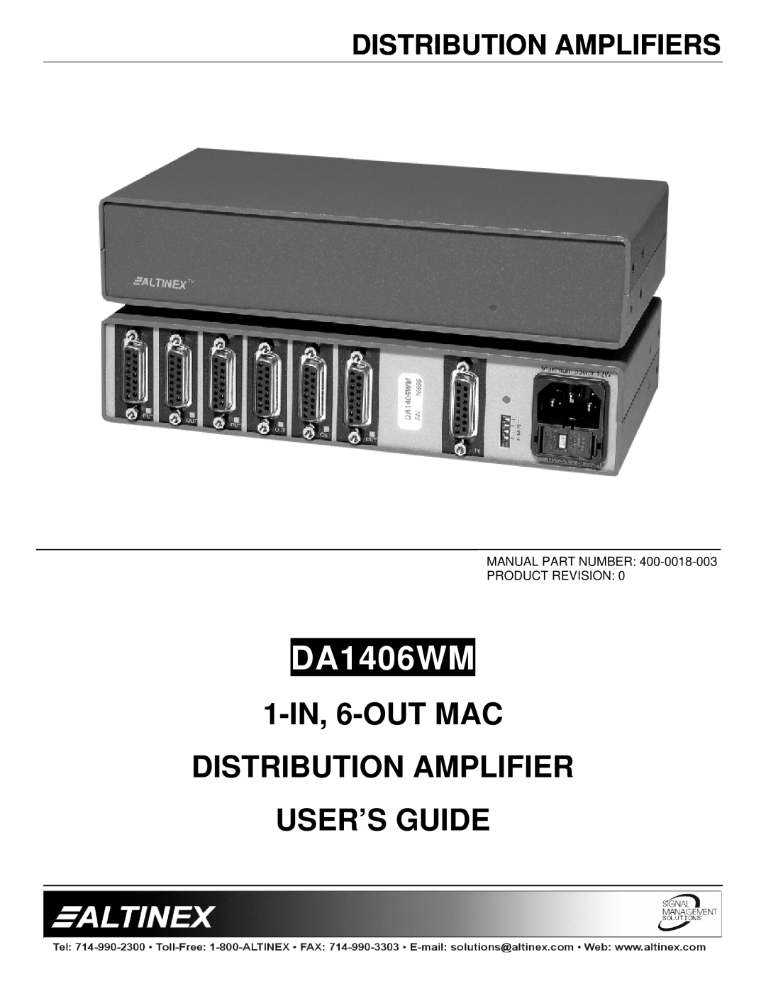 Altinex DA1406WM manual Distribution Amplifiers, 1-IN, 6-OUTMAC DISTRIBUTION AMPLIFIER, User’S Guide 