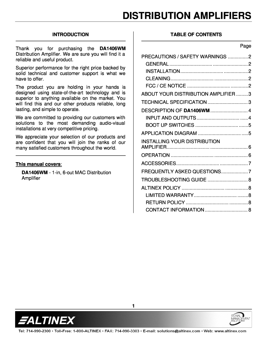 Altinex DA1406WM Introduction, This manual covers, Table Of Contents, Distribution Amplifiers 
