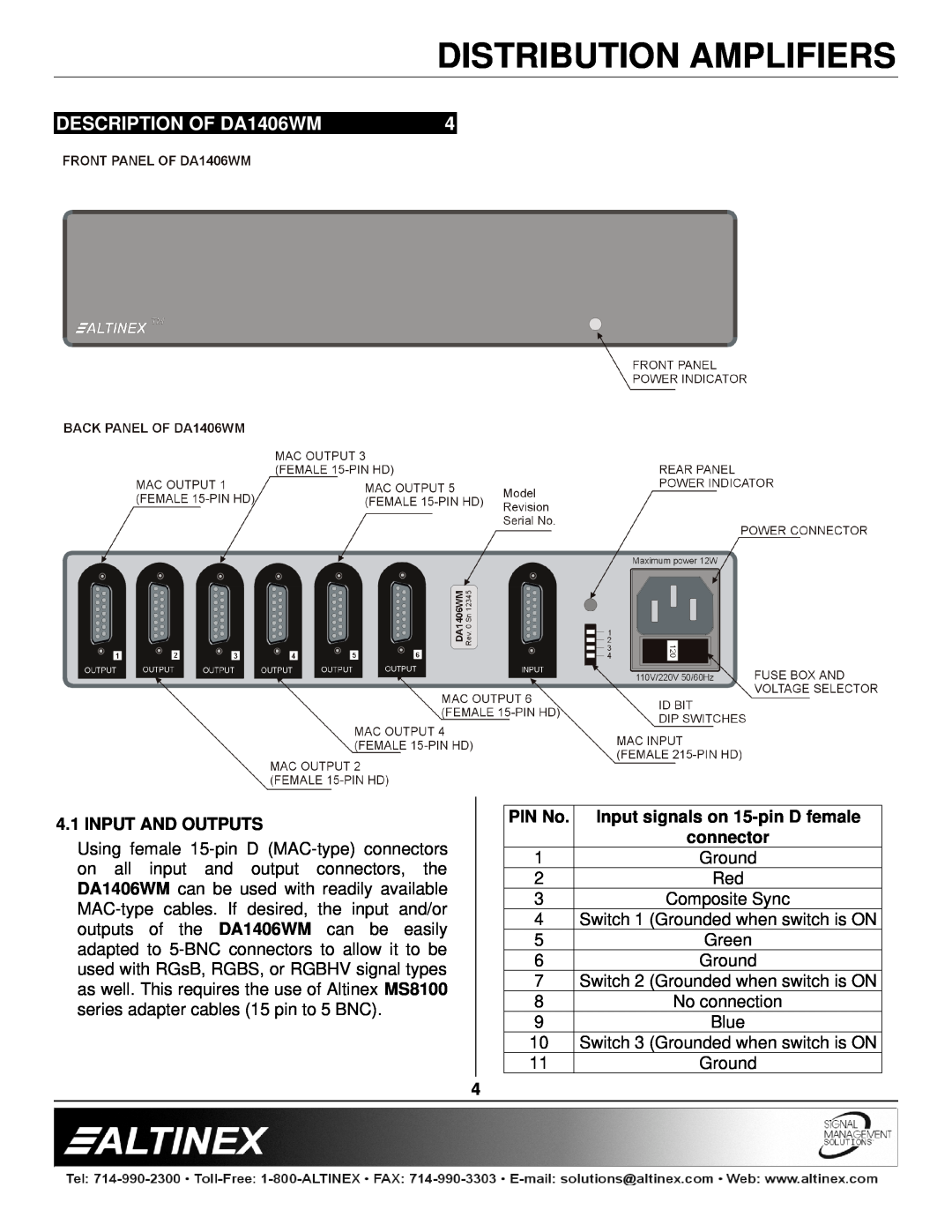 Altinex manual DESCRIPTION OF DA1406WM, Input And Outputs, PIN No, Input signals on 15-pinD female connector 