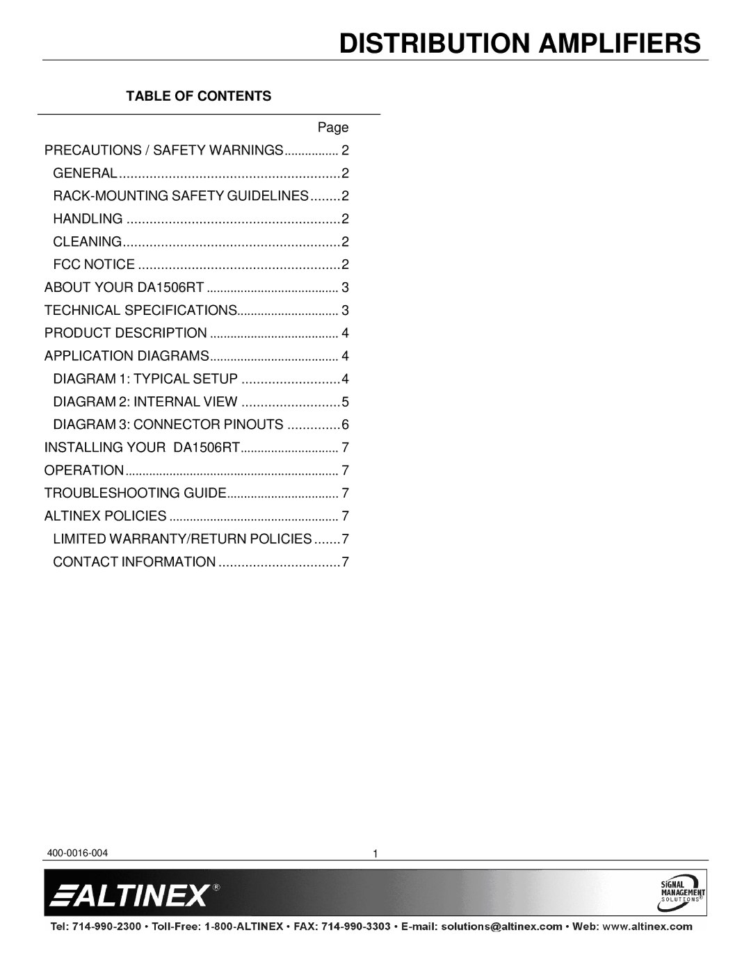 Altinex DA1506RT manual Table of Contents 