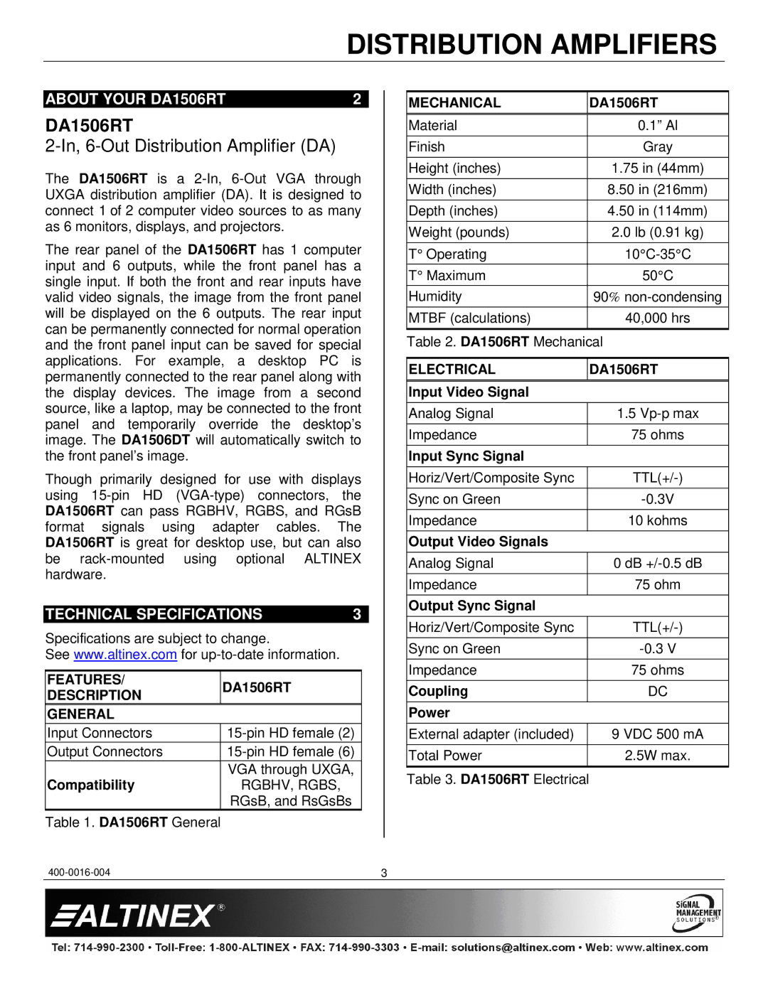 Altinex manual About Your DA1506RT, Technical Specifications 