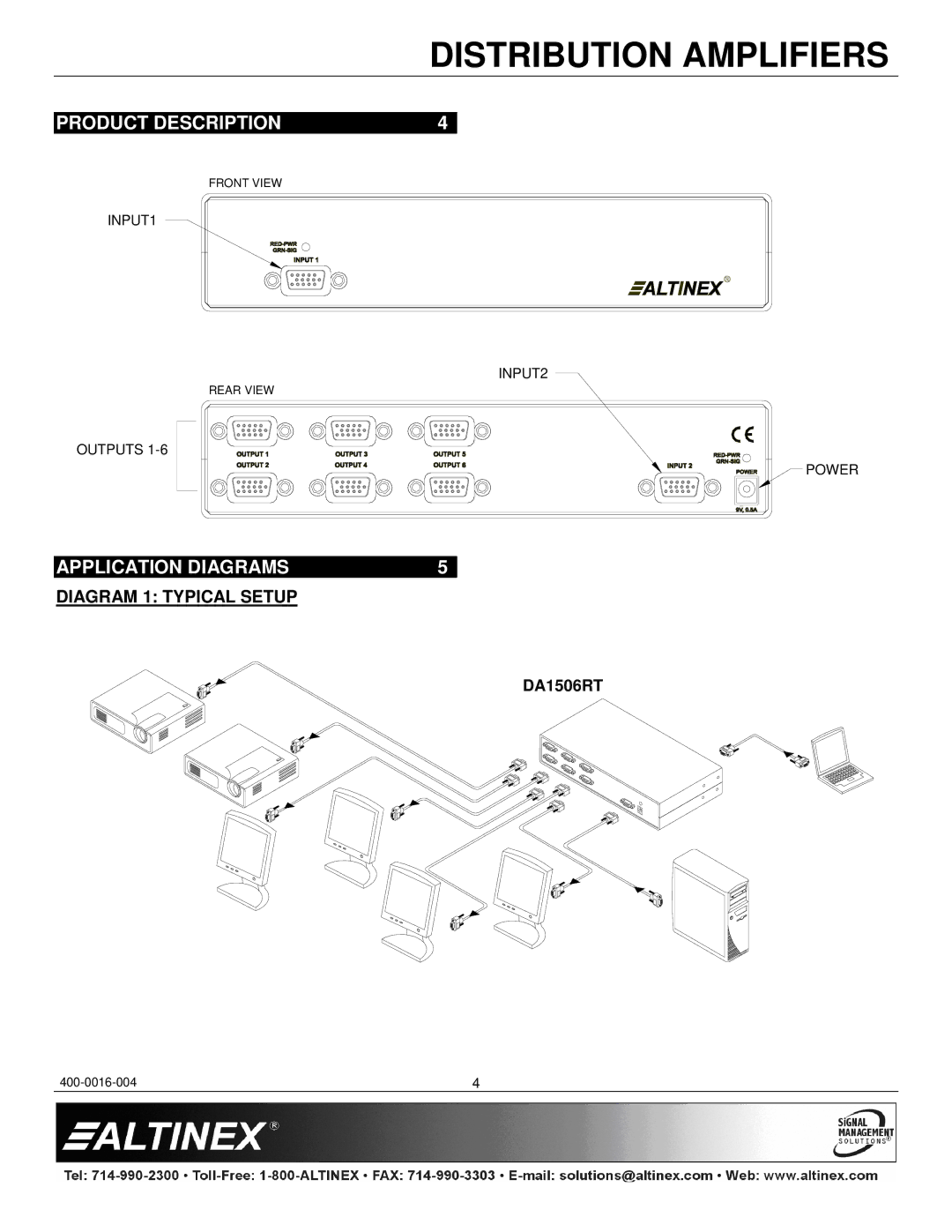 Altinex DA1506RT manual Product Description, Application Diagrams, Diagram 1 Typical Setup 