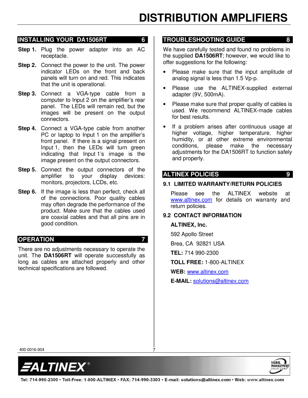 Altinex Installing Your DA1506RT, Operation, Troubleshooting Guide, Altinex Policies, Limited WARRANTY/RETURN Policies 