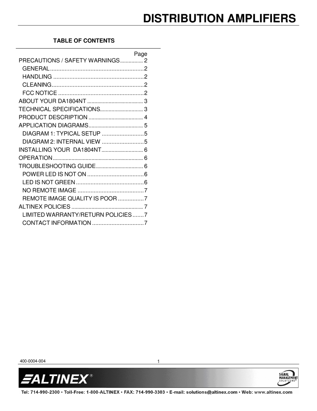 Altinex DA1804NT manual Table of Contents 