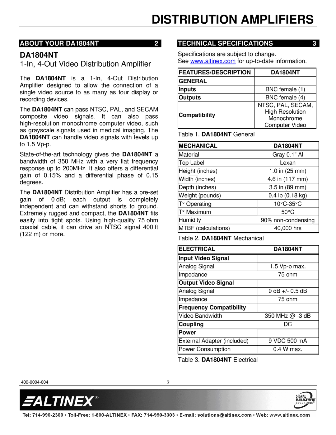 Altinex manual About Your DA1804NT, Technical Specifications, DA1804NT General 