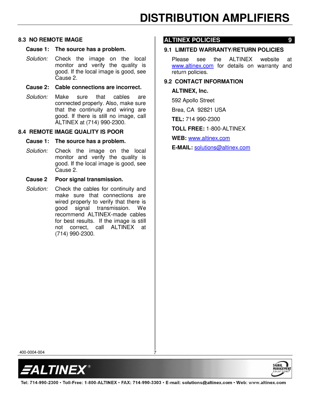 Altinex DA1804NT manual Altinex Policies, No Remote Image, Limited WARRANTY/RETURN Policies 