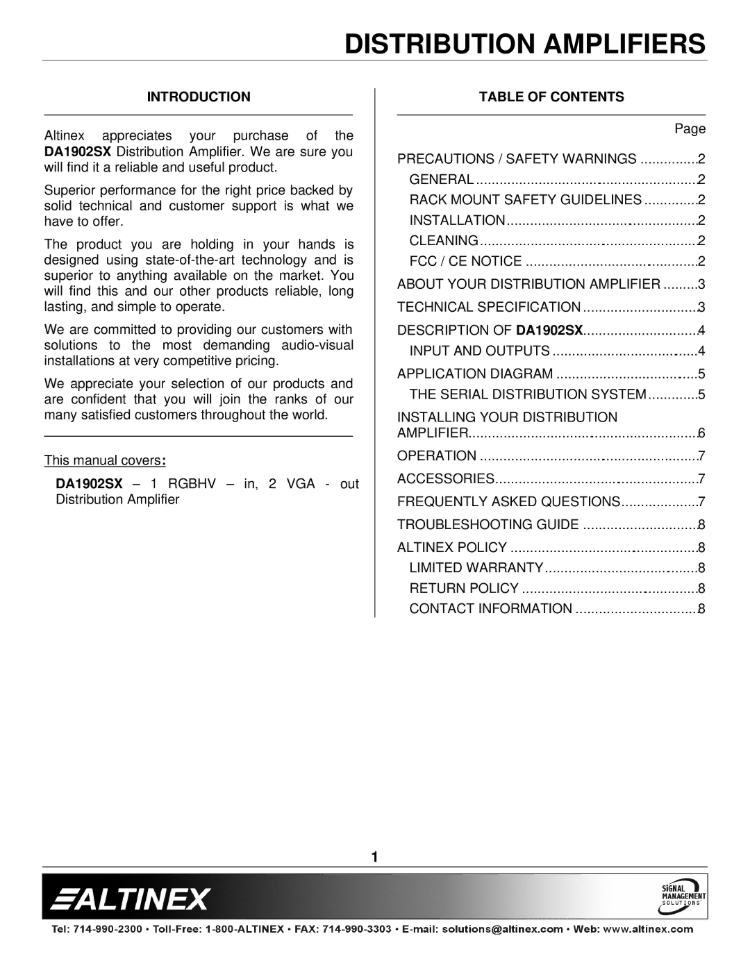 Altinex DA1902SX manual Introduction, Table of Contents 