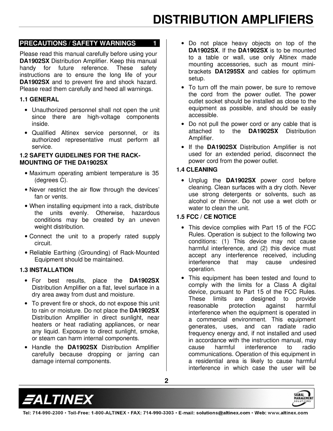 Altinex DA1902SX manual Precautions / Safety Warnings 