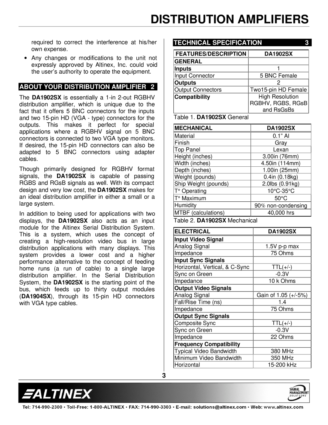 Altinex DA1902SX manual About Your Distribution Amplifier, Technical Specification 