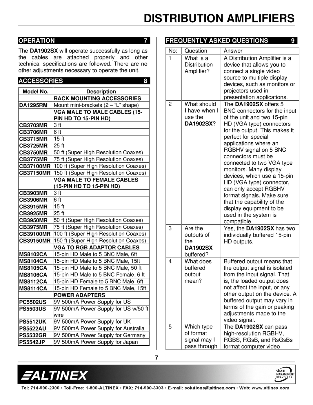 Altinex DA1902SX manual Operation Frequently Asked Questions, Accessories 