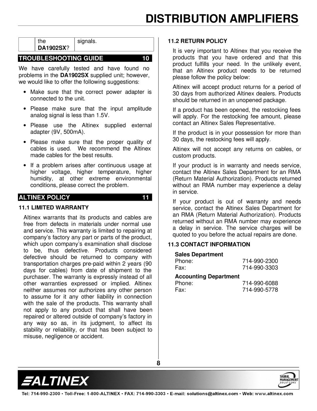 Altinex DA1902SX manual Troubleshooting Guide, Altinex Policy, Limited Warranty, Return Policy, Contact Information 