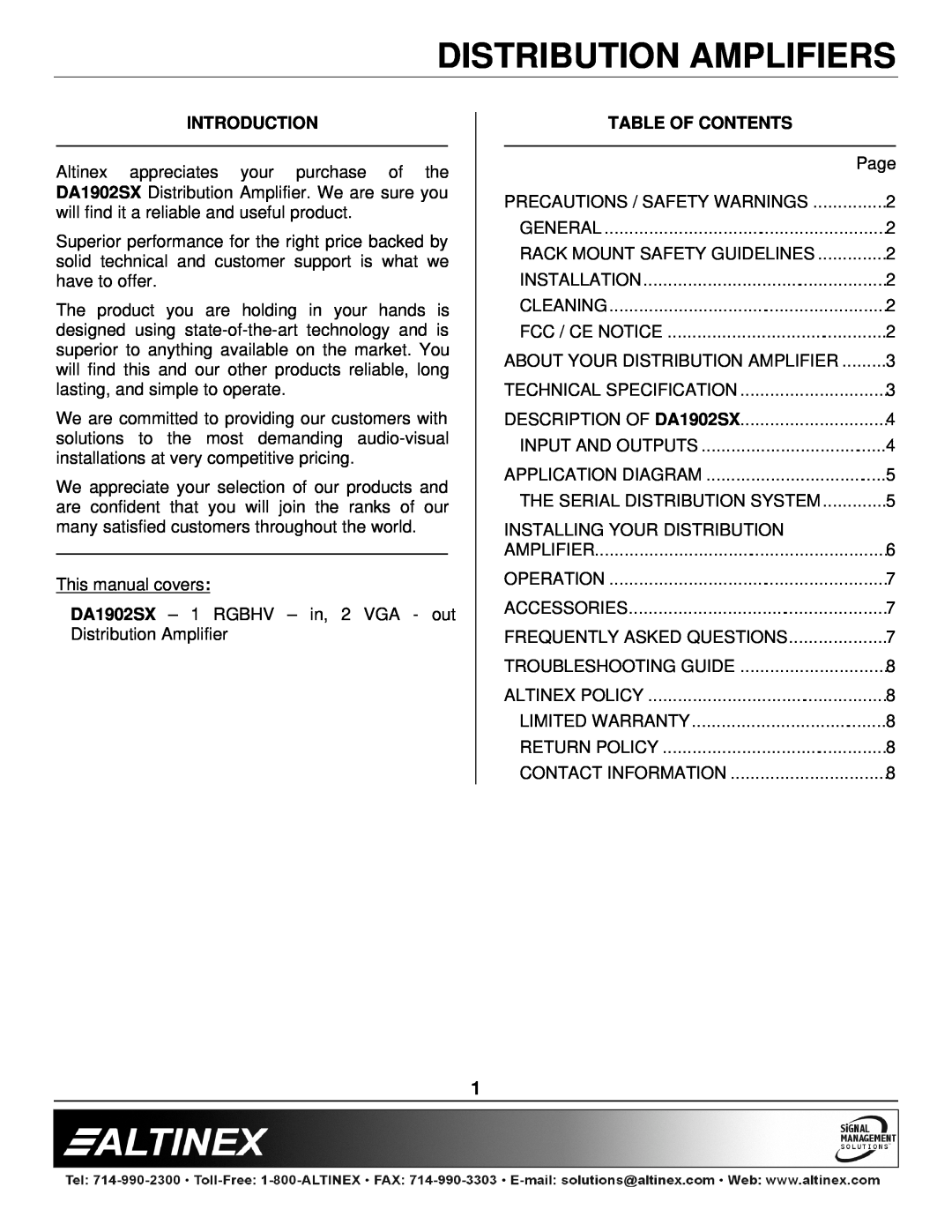 Altinex DA1902SX manual Introduction, Table Of Contents, Distribution Amplifiers 