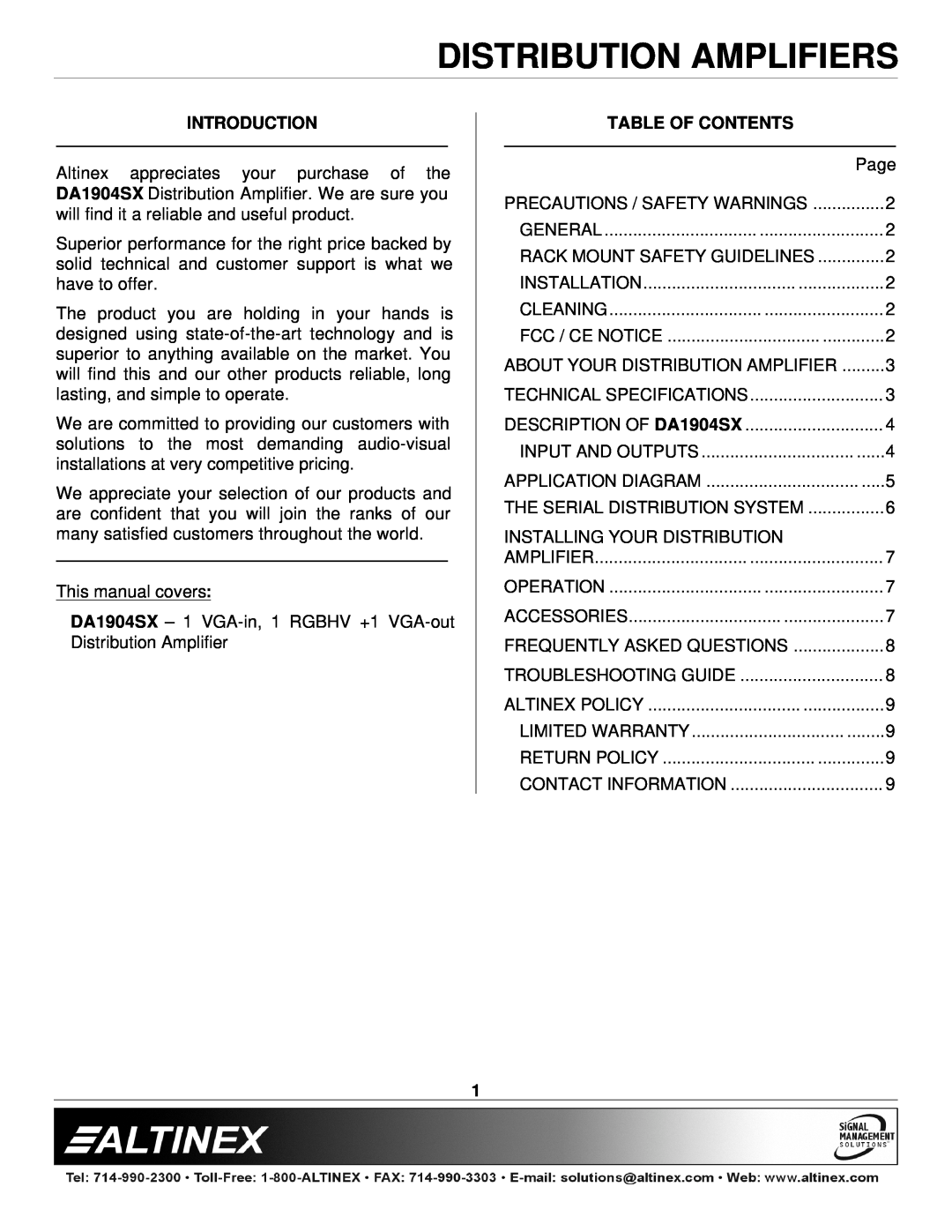 Altinex DA1904SX manual Introduction, Table Of Contents, Distribution Amplifiers 