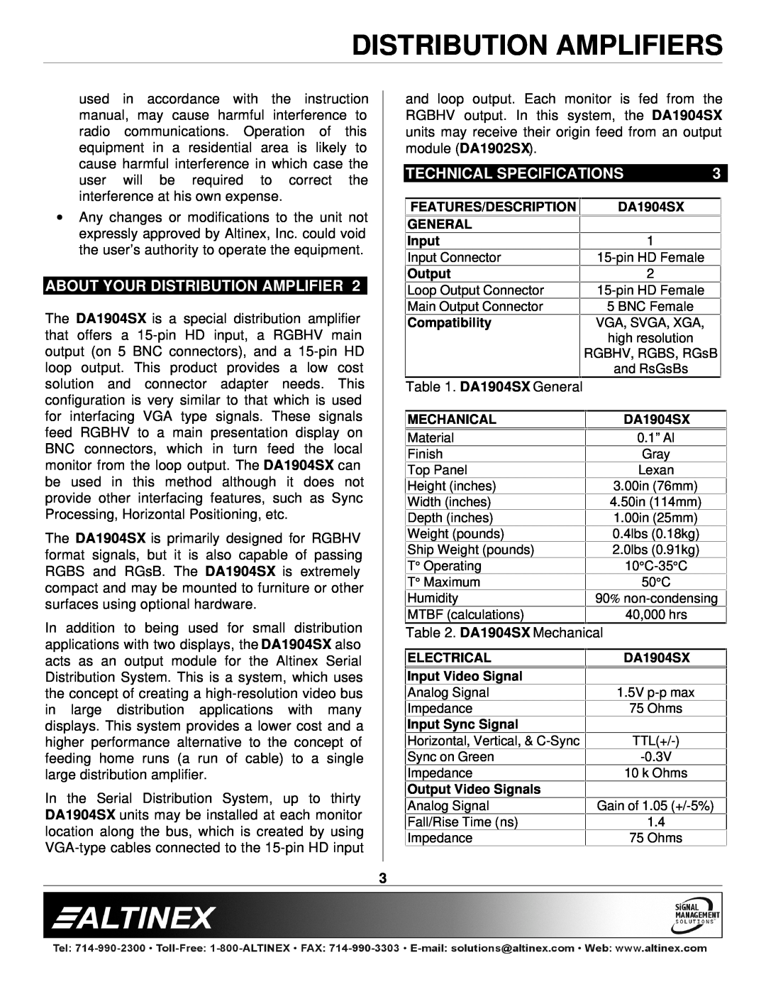 Altinex DA1904SX manual About Your Distribution Amplifier, Technical Specifications, Distribution Amplifiers 