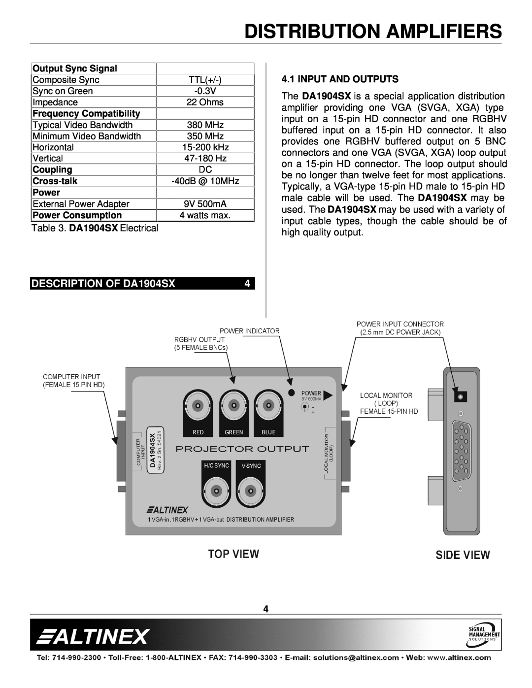Altinex manual DESCRIPTION OF DA1904SX, Input And Outputs, Distribution Amplifiers 
