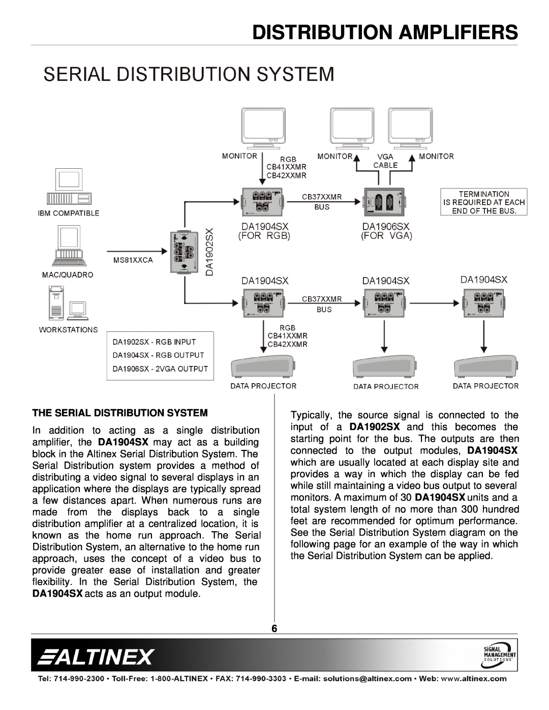 Altinex DA1904SX manual The Serial Distribution System, Distribution Amplifiers 