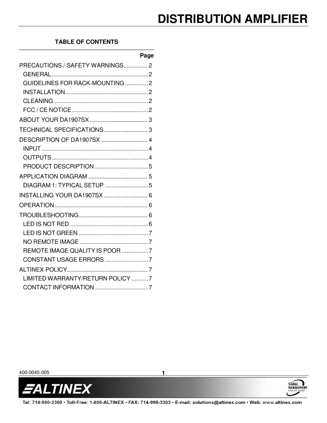 Altinex DA1907SX manual Table of Contents 