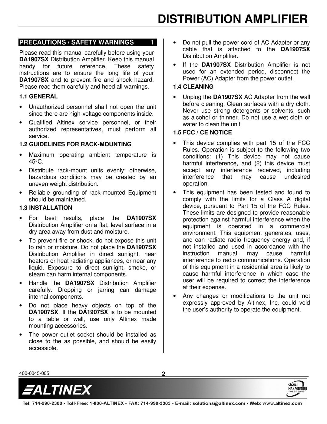 Altinex DA1907SX manual Precautions / Safety Warnings 