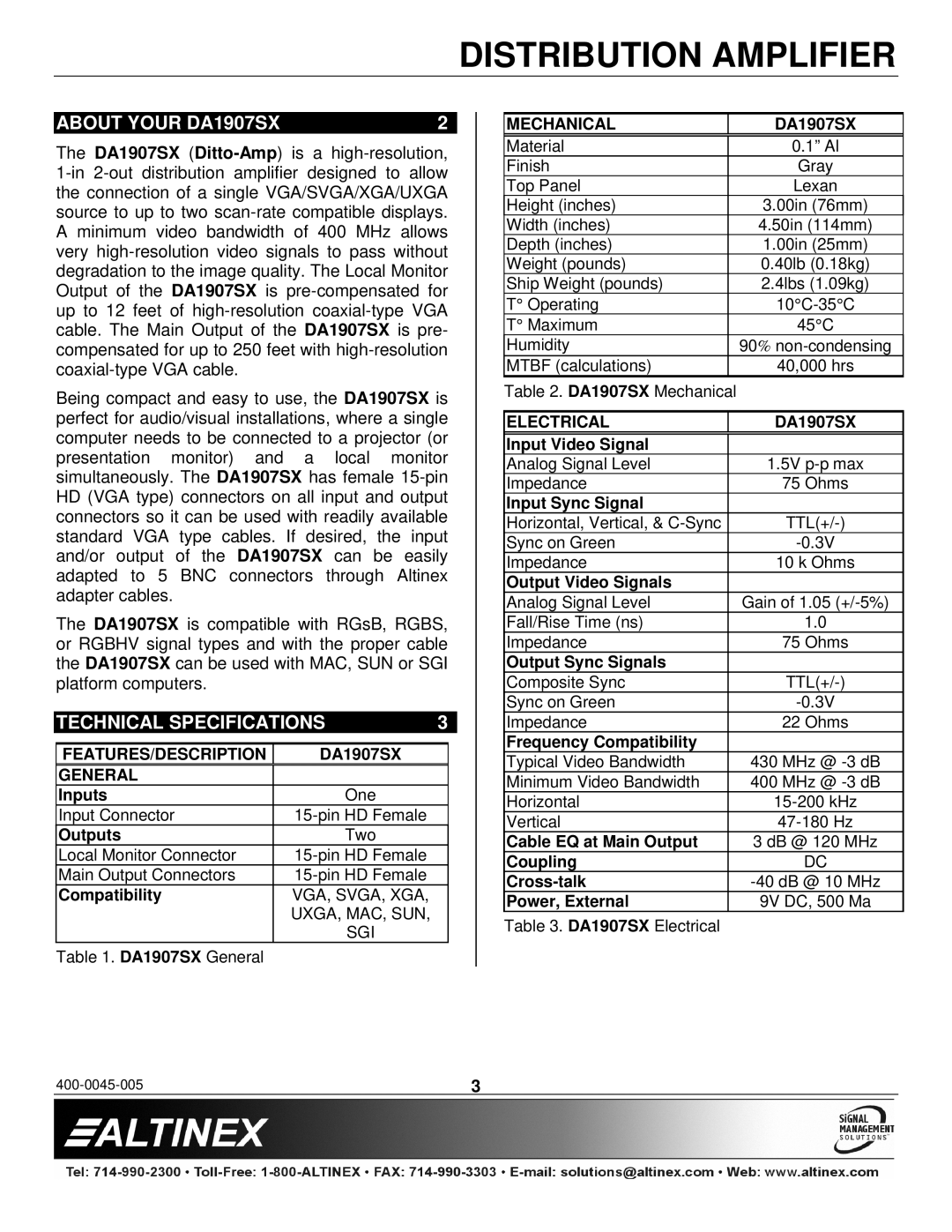 Altinex manual About Your DA1907SX, Technical Specifications 