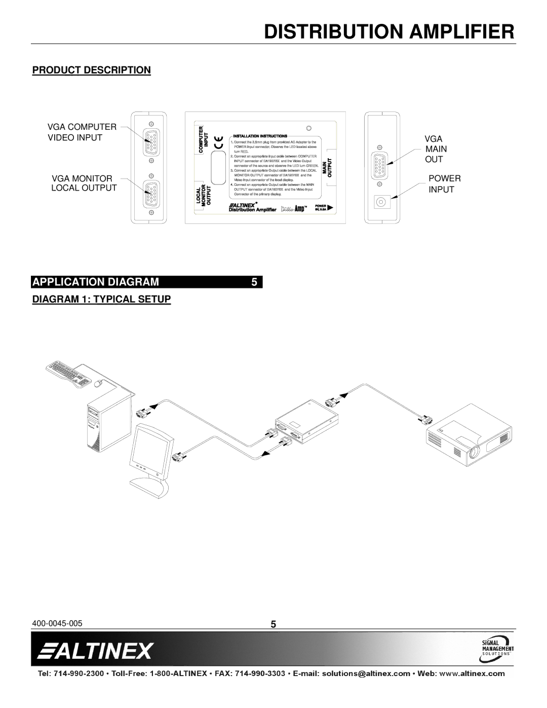 Altinex DA1907SX manual Application Diagram, Product Description, Diagram 1 Typical Setup 