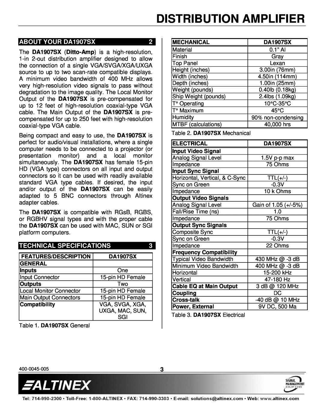Altinex manual ABOUT YOUR DA1907SX, Technical Specifications, Distribution Amplifier 