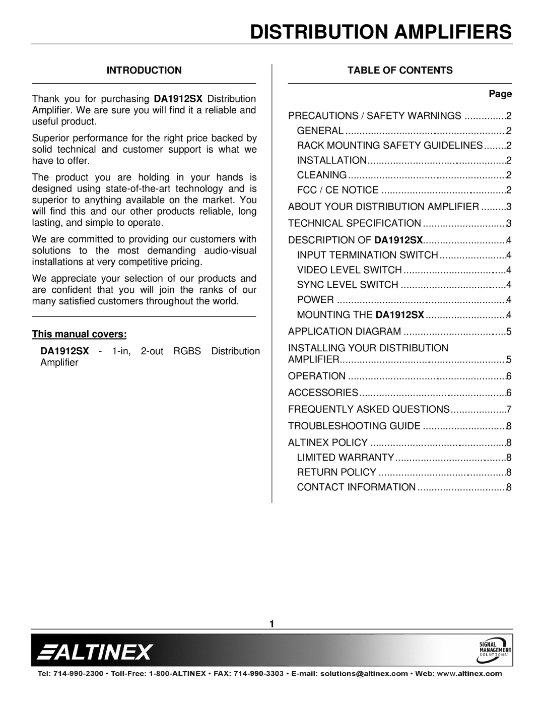 Altinex DA1912SX manual Introduction, Table of Contents 