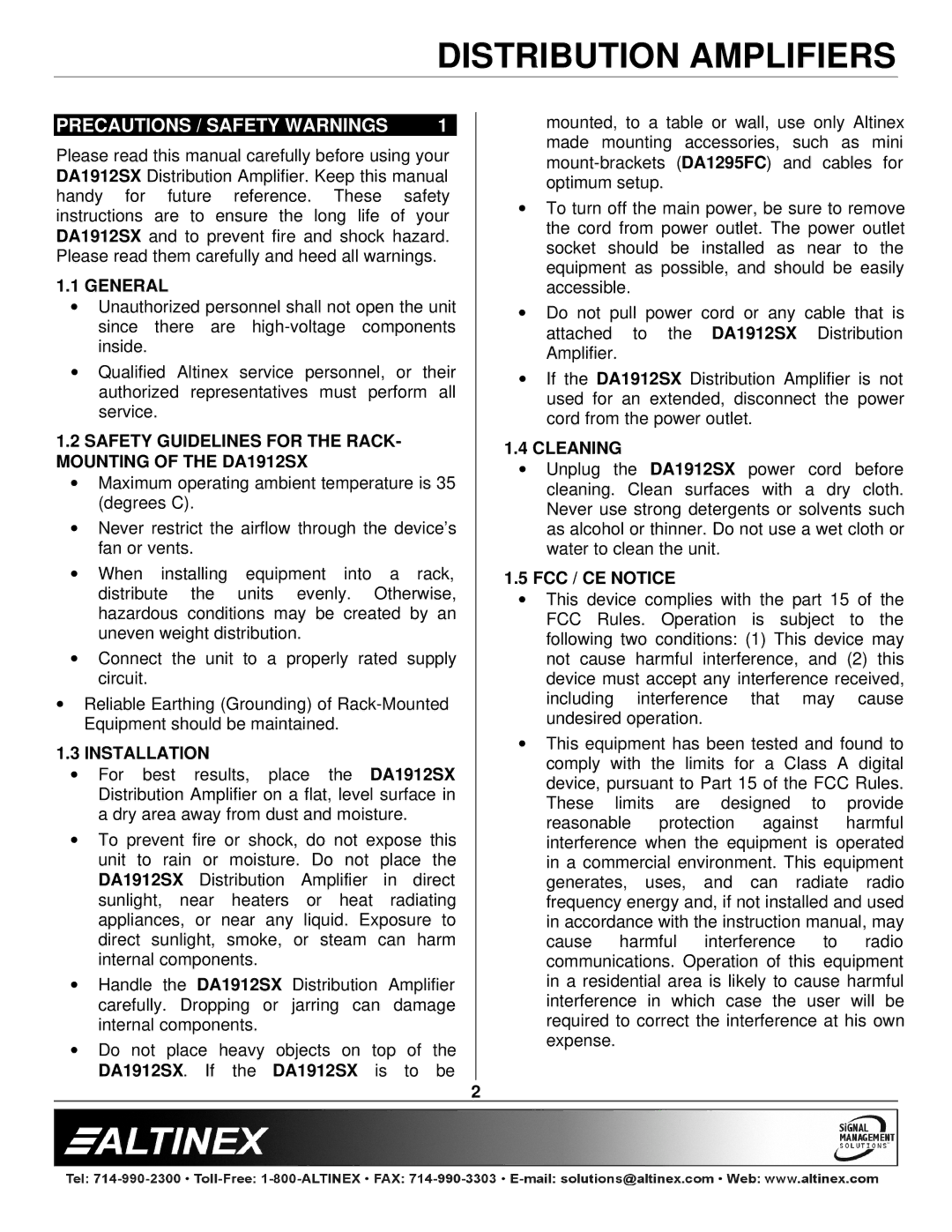 Altinex DA1912SX manual Precautions / Safety Warnings 