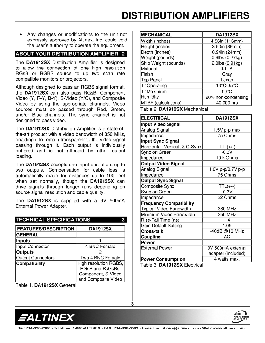 Altinex DA1912SX manual About Your Distribution Amplifier, Technical Specifications 