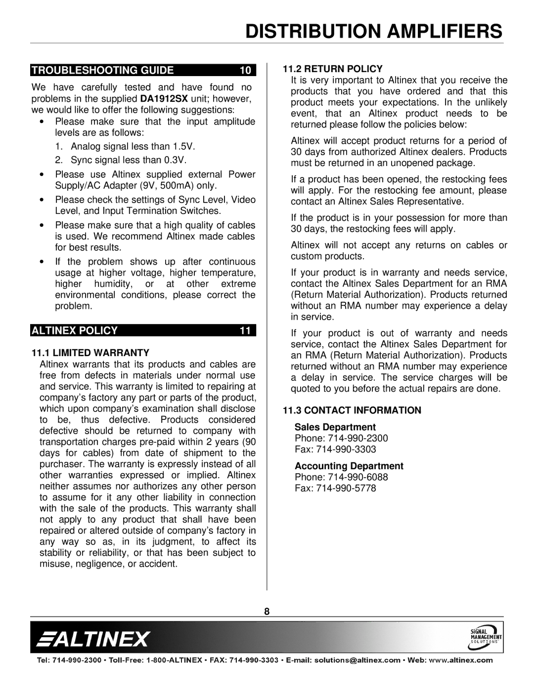 Altinex DA1912SX manual Troubleshooting Guide, Altinex Policy, Limited Warranty, Return Policy, Contact Information 