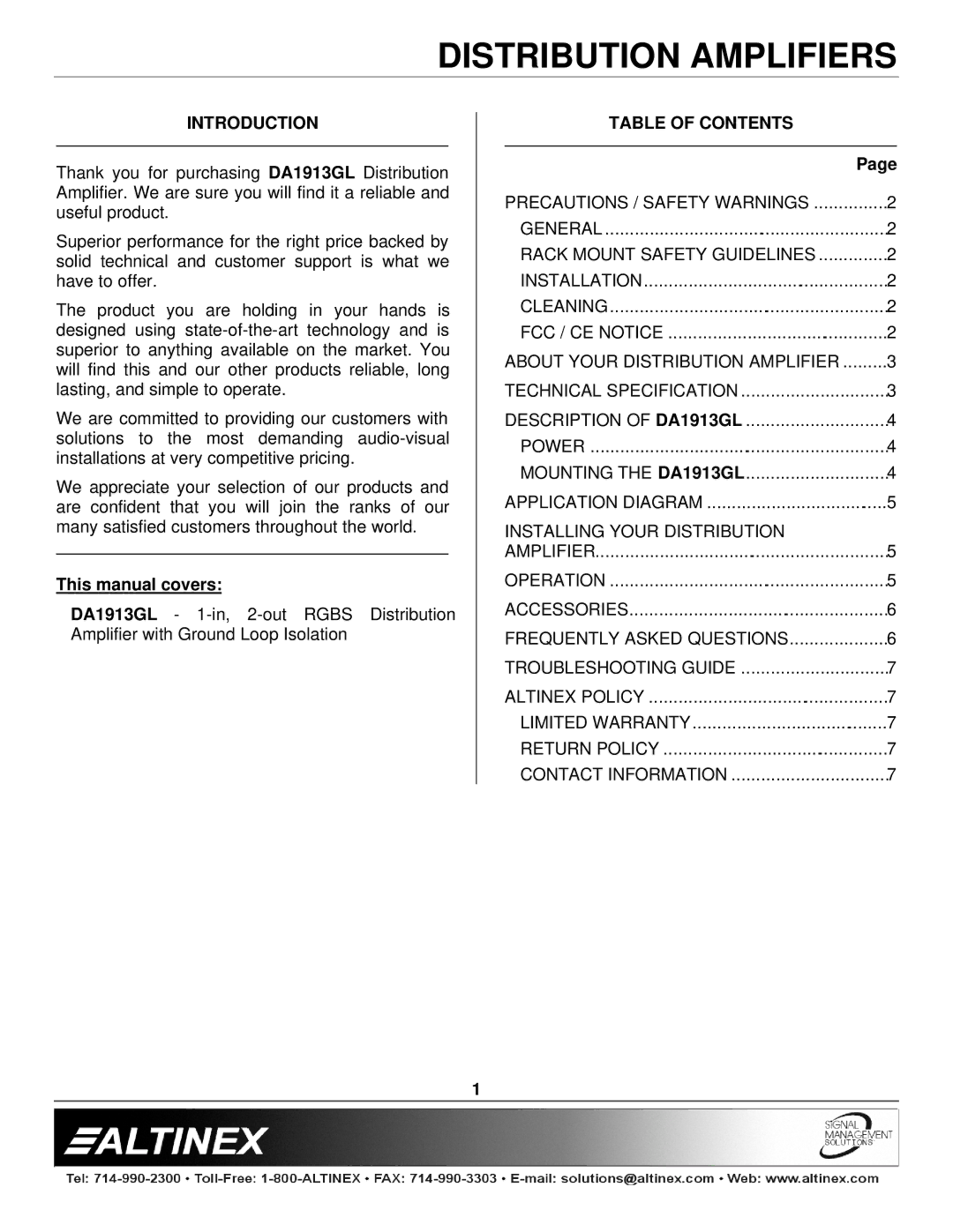 Altinex DA1913GL manual Introduction, Table of Contents 