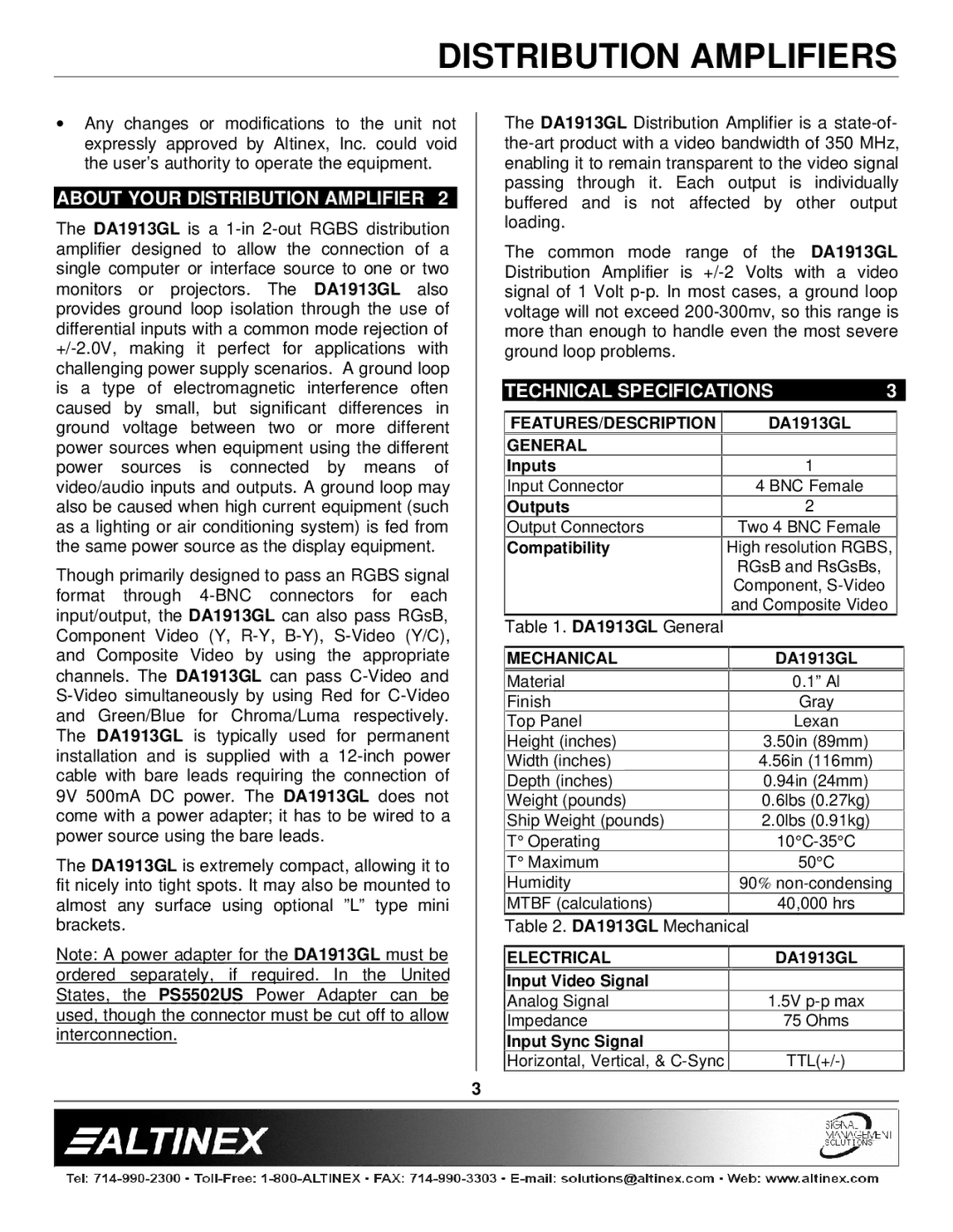 Altinex DA1913GL manual About Your Distribution Amplifier, Technical Specifications 