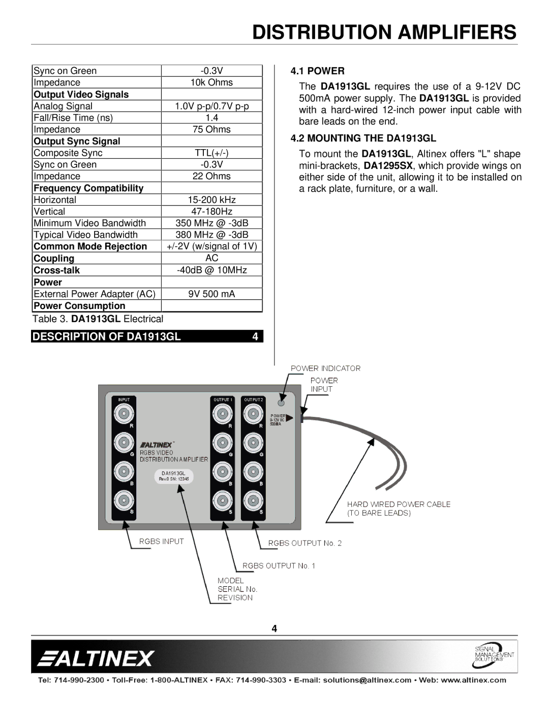 Altinex manual Description of DA1913GL, Power, Mounting the DA1913GL 