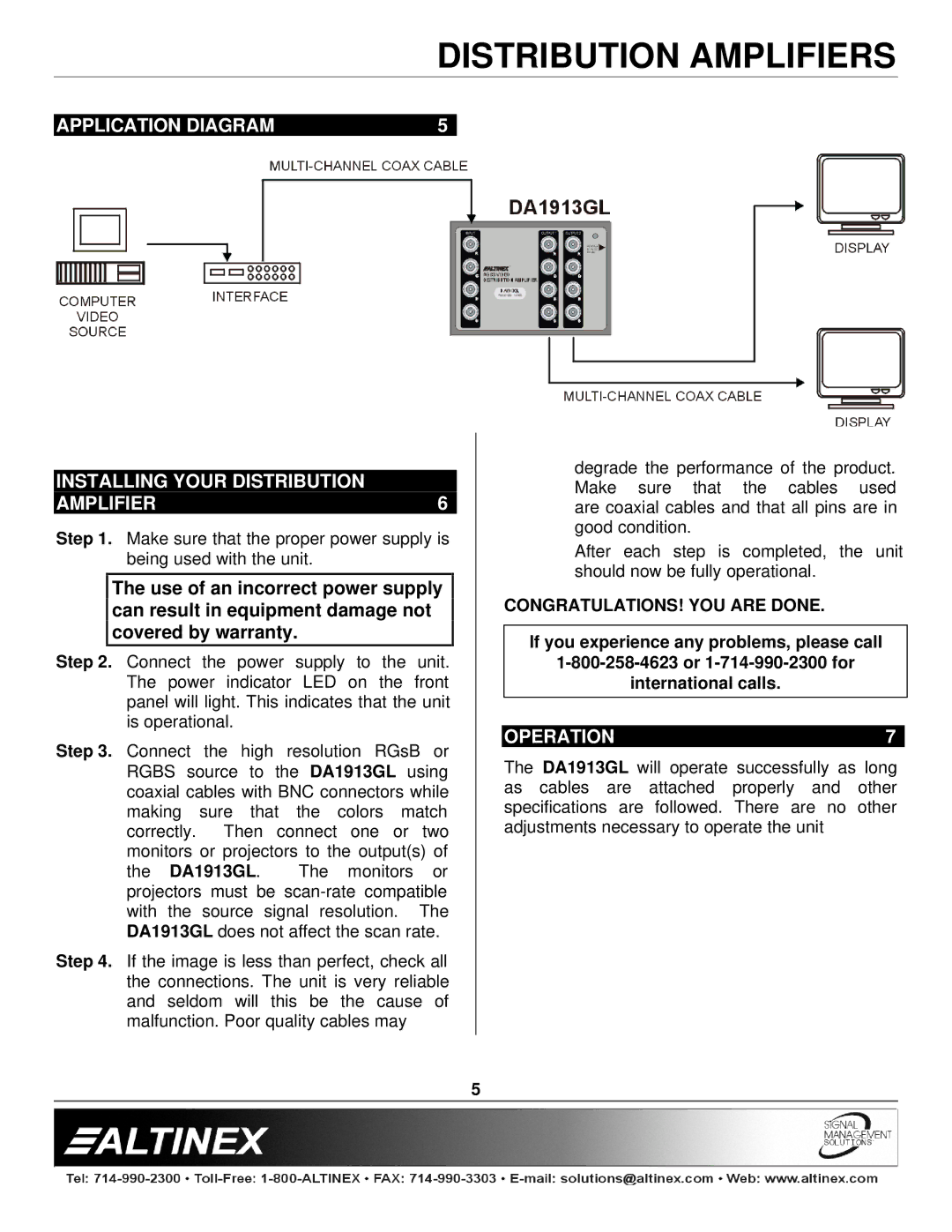 Altinex DA1913GL Application Diagram Installing Your Distribution Amplifier, Operation, CONGRATULATIONS! YOU are Done 