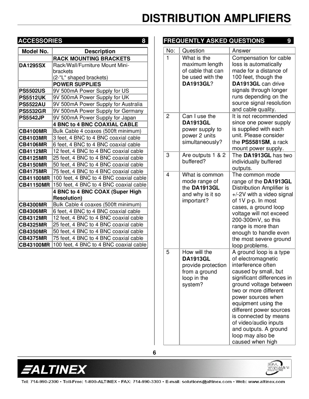 Altinex DA1913GL manual Accessories Frequently Asked Questions, Rack Mounting Brackets, Power Supplies 