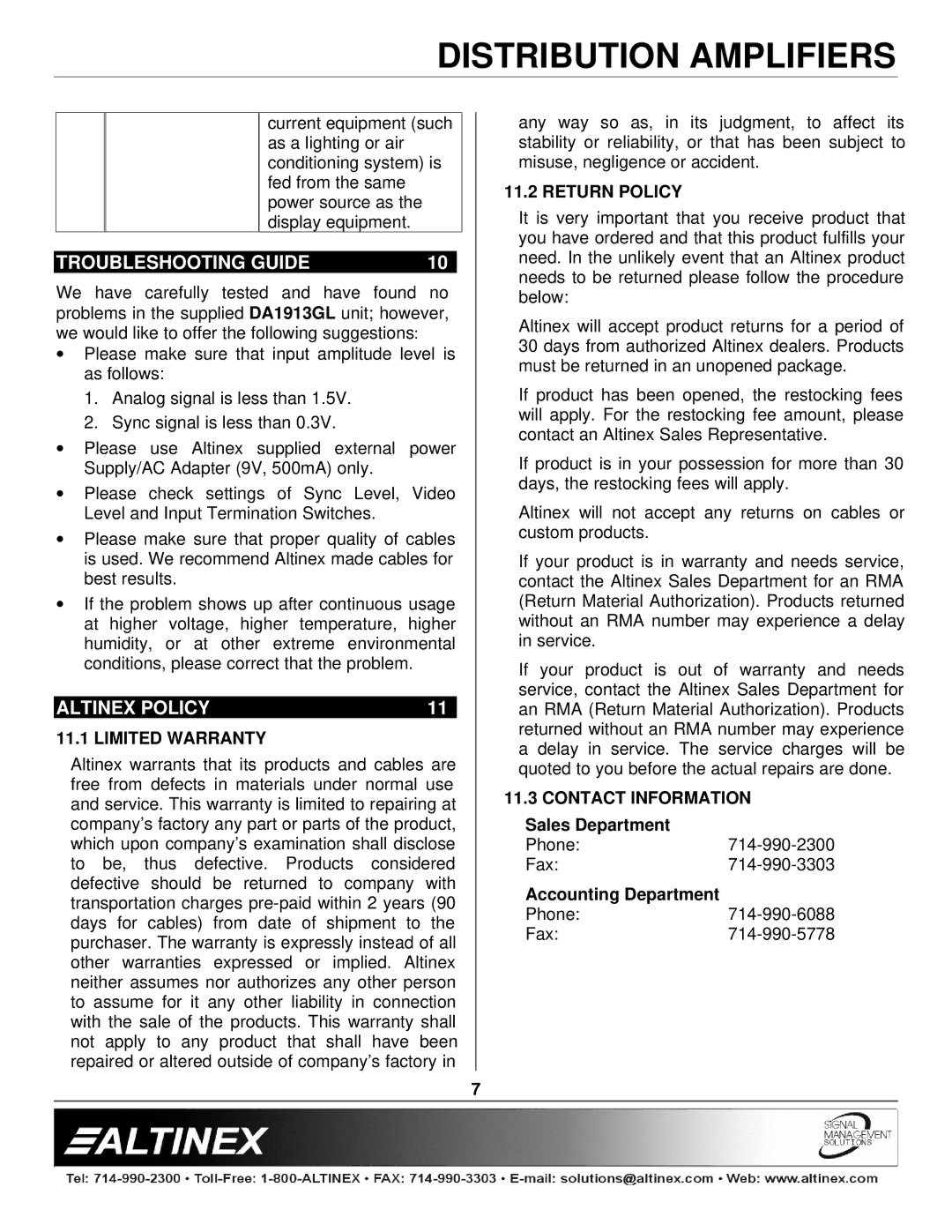 Altinex DA1913GL manual Troubleshooting Guide, Altinex Policy, Limited Warranty, Return Policy, Contact Information 