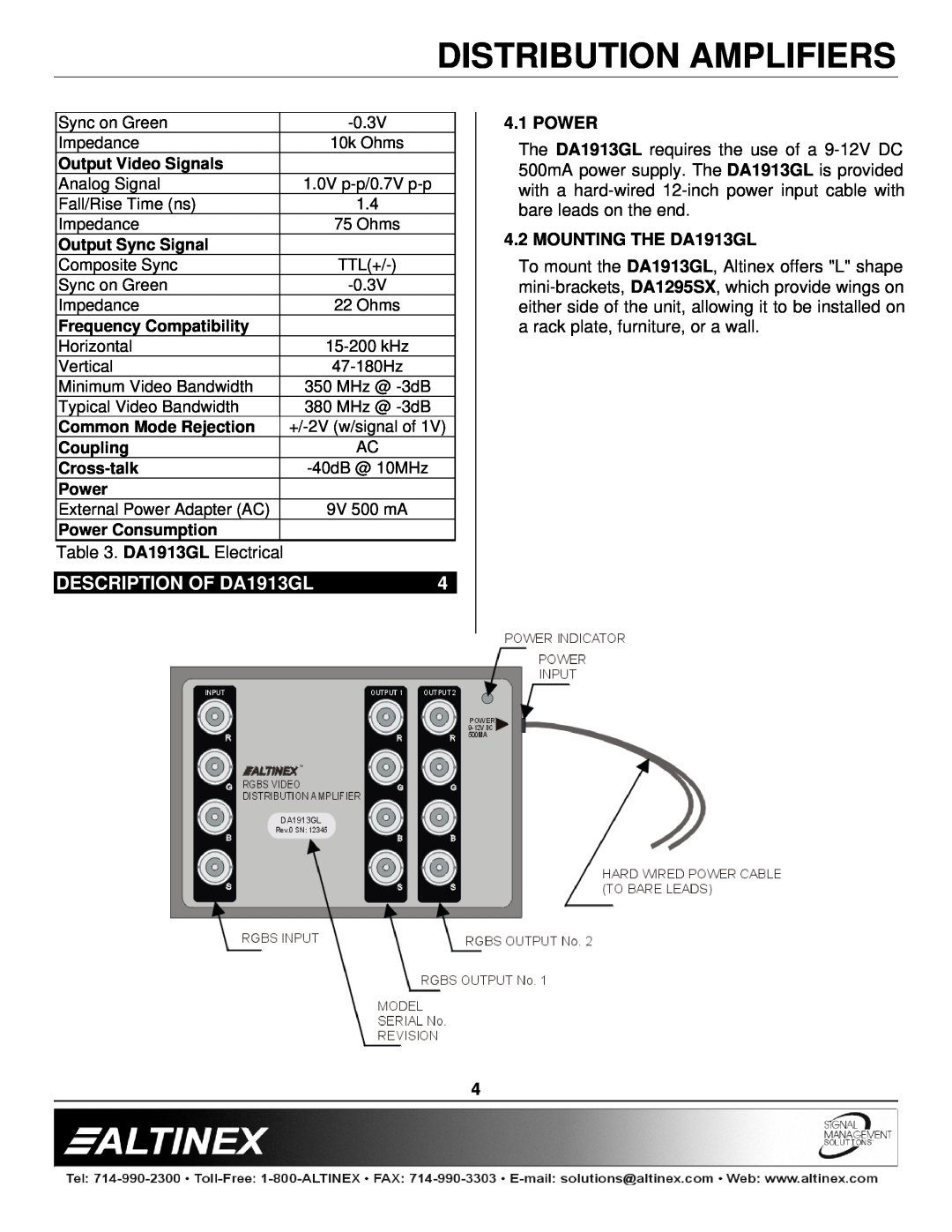 Altinex manual DESCRIPTION OF DA1913GL, Power, MOUNTING THE DA1913GL, Distribution Amplifiers 