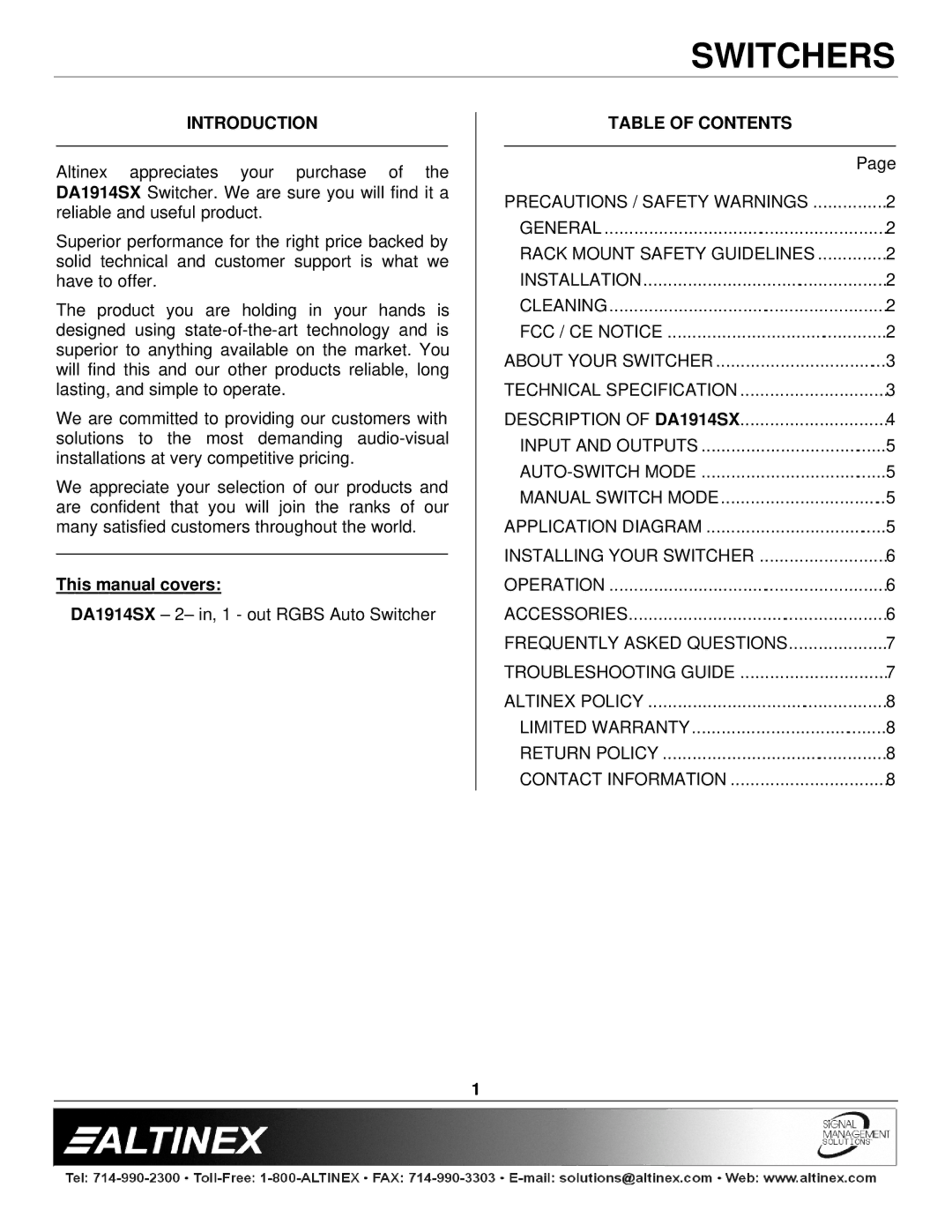 Altinex DA1914SX manual Introduction, Table of Contents 