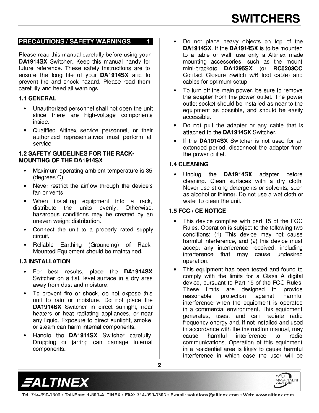 Altinex DA1914SX manual Precautions / Safety Warnings 