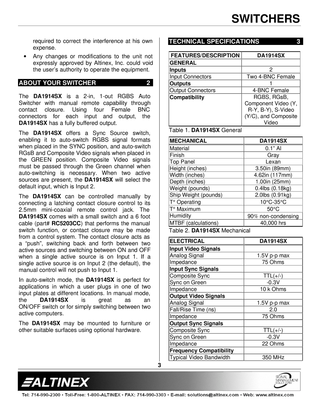 Altinex DA1914SX manual Technical Specifications, About Your Switcher 