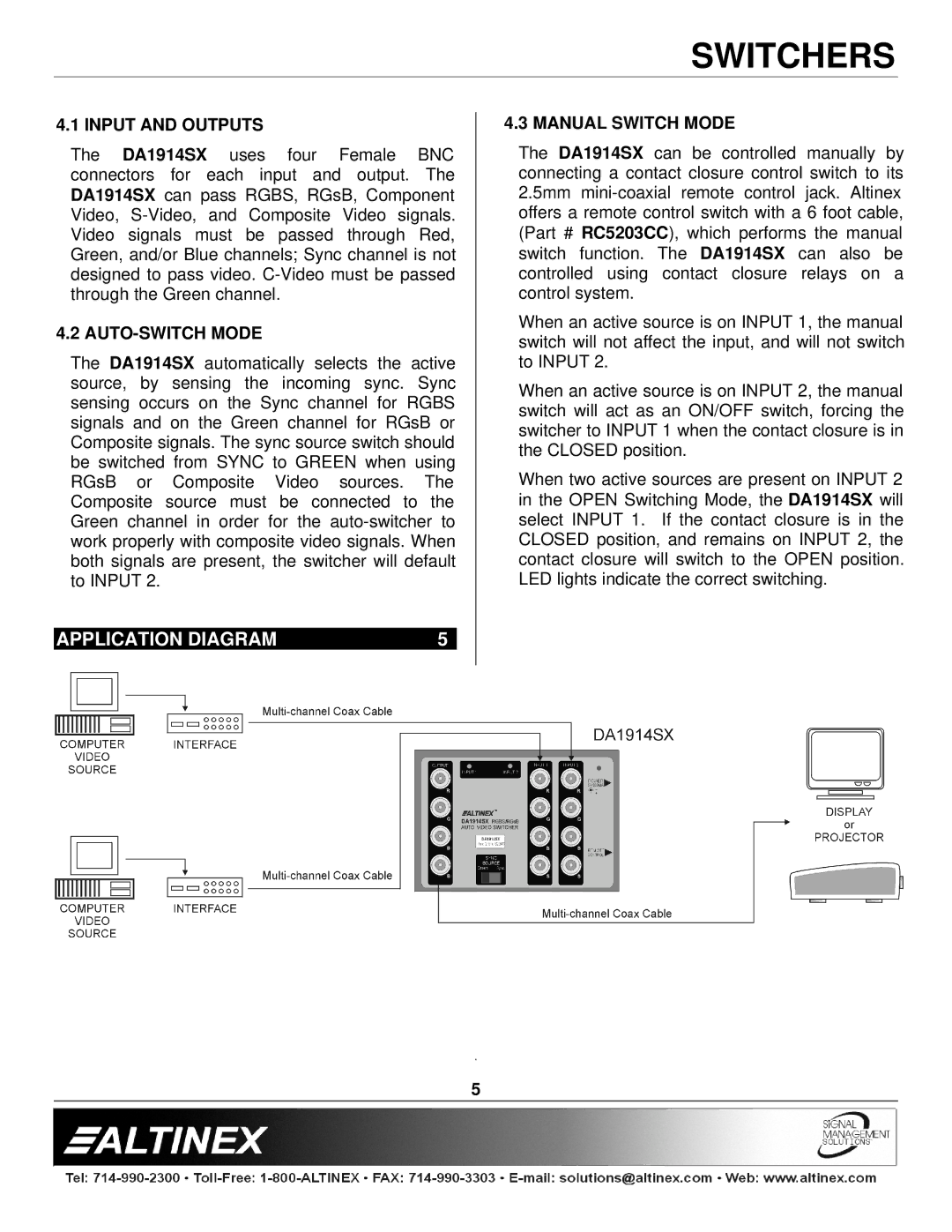 Altinex DA1914SX manual Application Diagram, Input and Outputs, AUTO-SWITCH Mode, Manual Switch Mode 