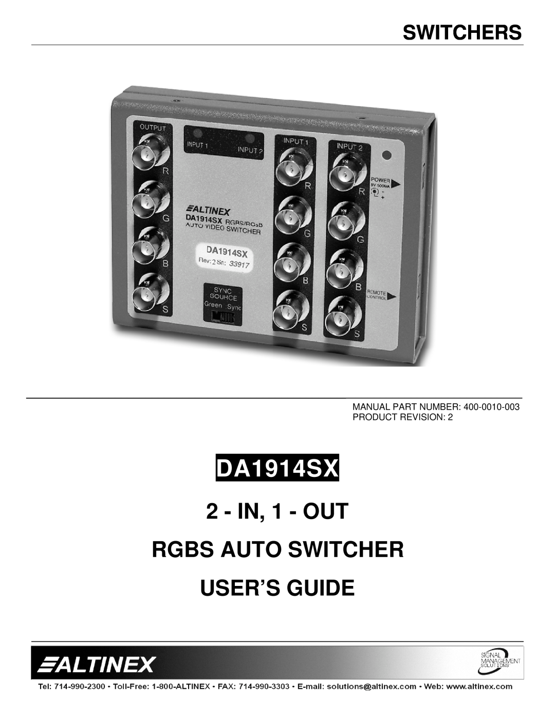 Altinex DA1914SX manual Switchers, IN, 1 - OUT RGBS AUTO SWITCHER USER’S GUIDE 