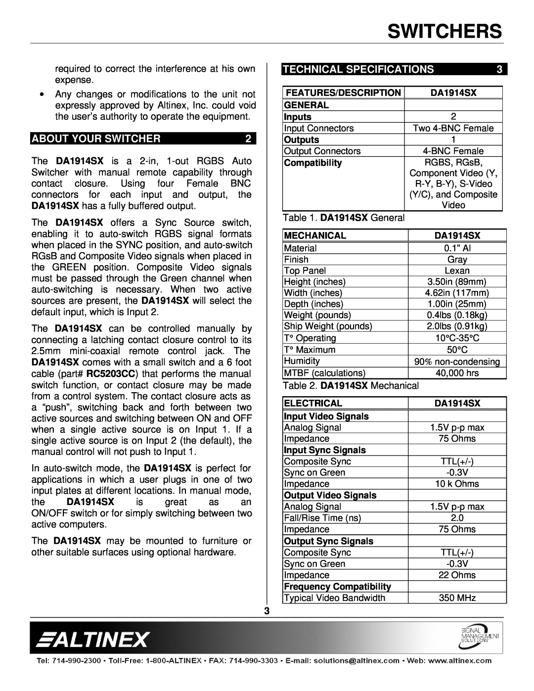 Altinex DA1914SX manual Technical Specifications, About Your Switcher, Switchers 