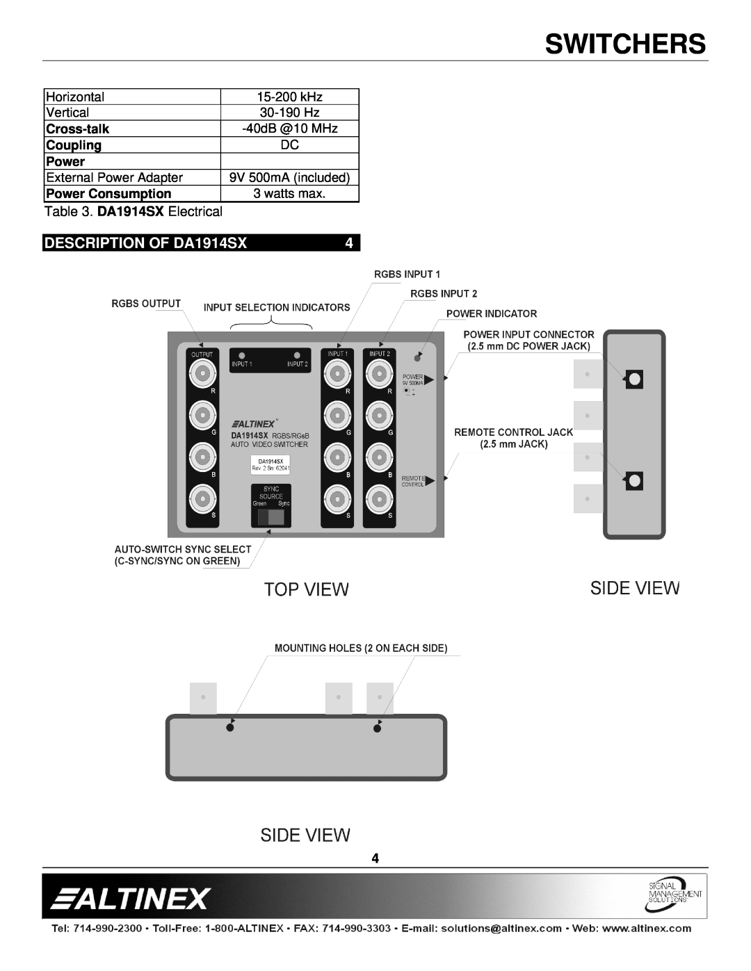 Altinex manual DESCRIPTION OF DA1914SX, Switchers, DA1914SX Electrical 