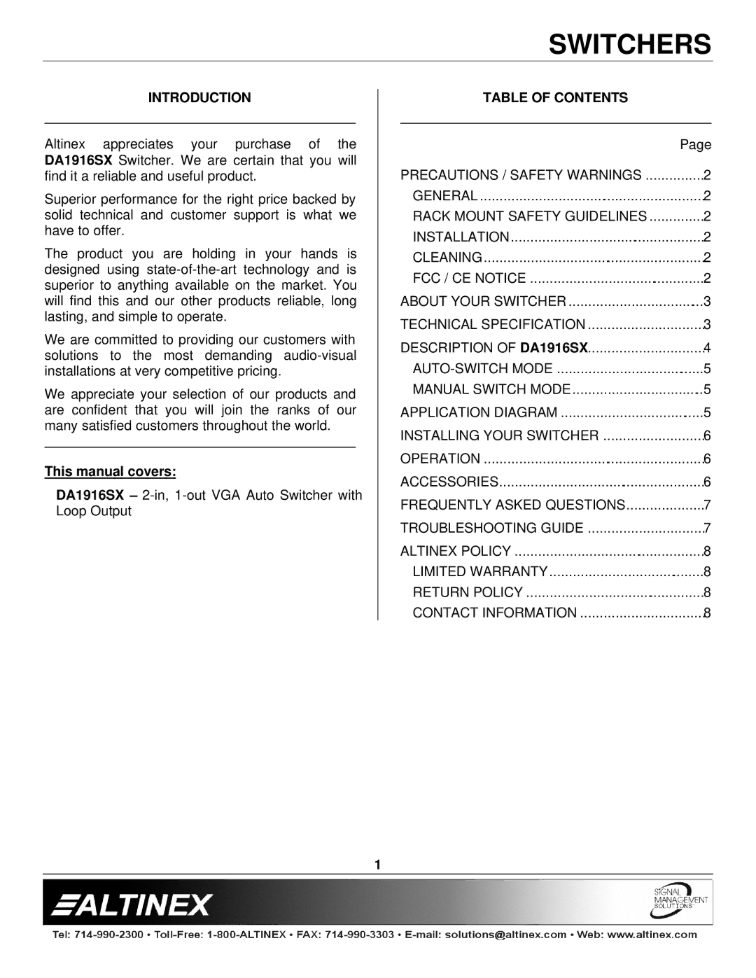 Altinex DA1916SX manual Introduction, Table of Contents 