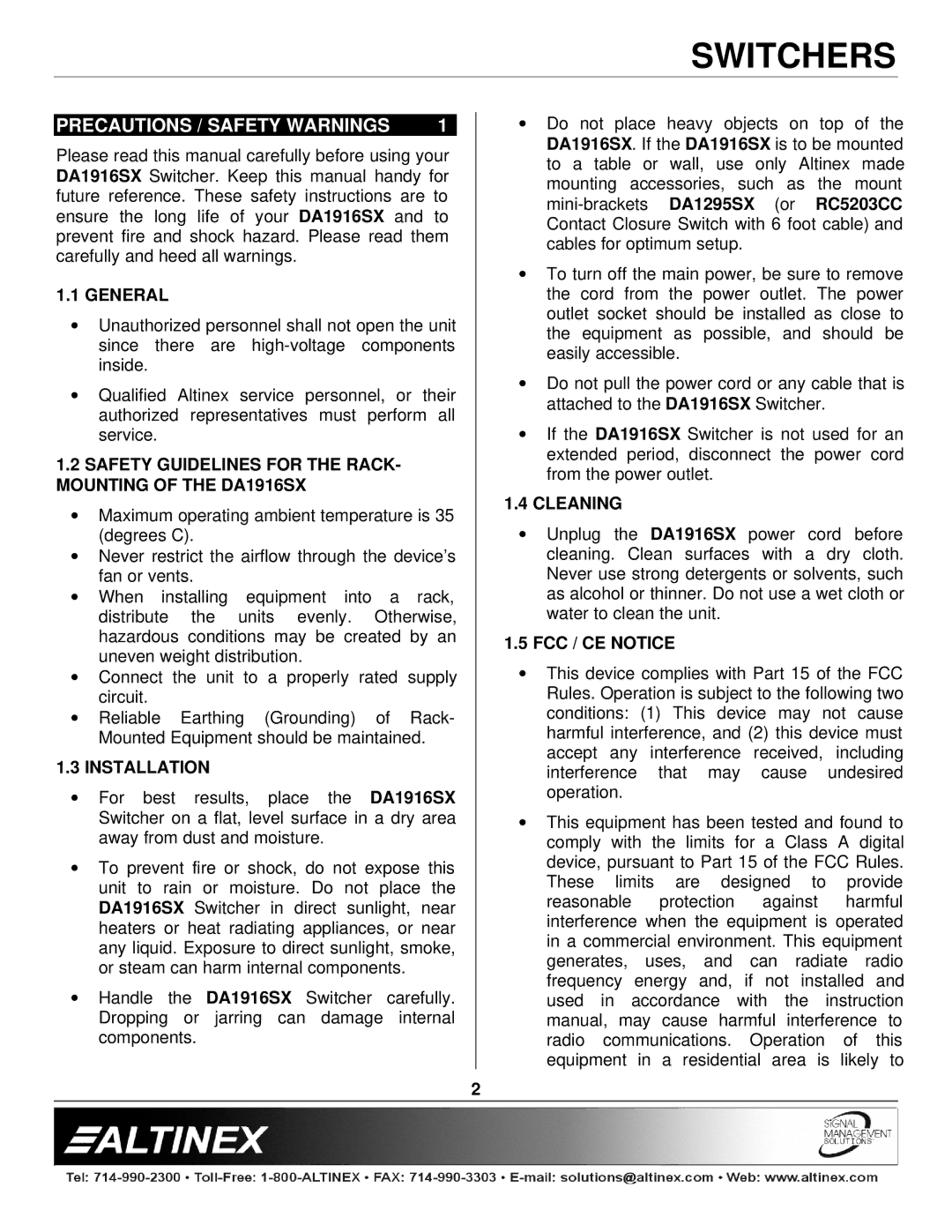 Altinex DA1916SX manual Precautions / Safety Warnings 