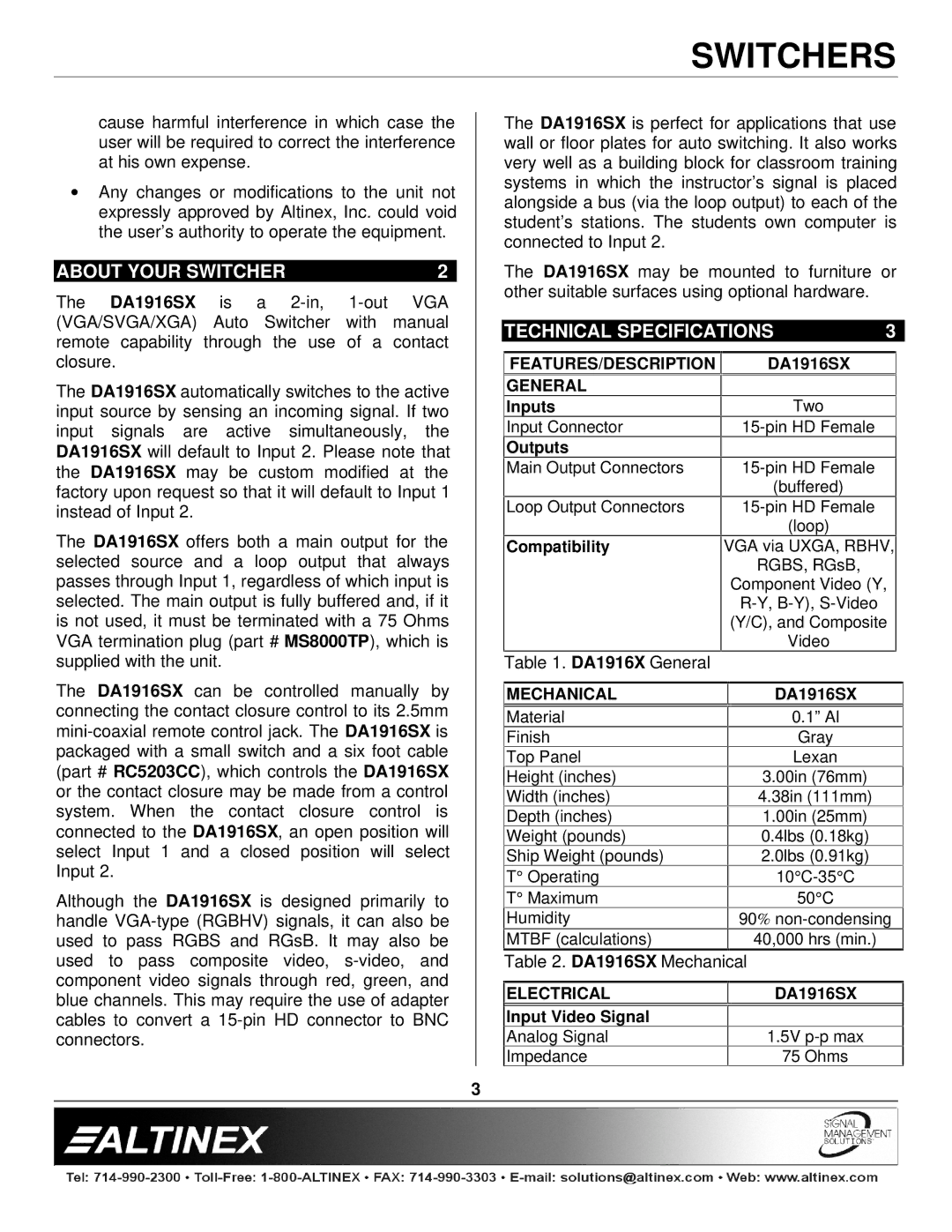 Altinex DA1916SX manual About Your Switcher, Technical Specifications 