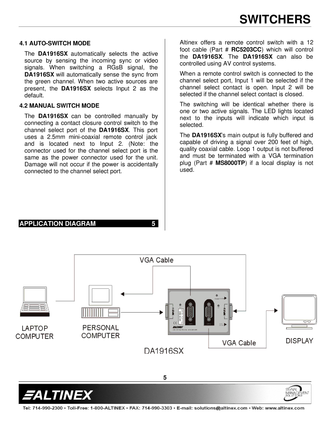 Altinex DA1916SX manual Application Diagram, AUTO-SWITCH Mode, Manual Switch Mode 