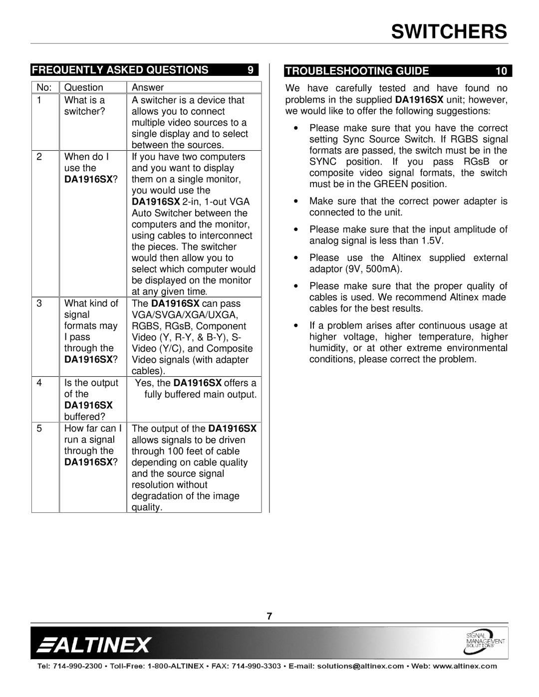 Altinex DA1916SX manual Frequently Asked Questions Troubleshooting Guide 